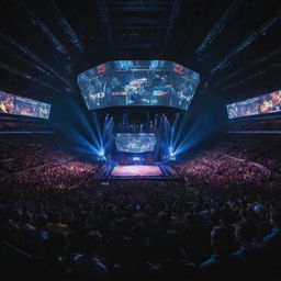 An action-packed esports scene, featuring a grand stadium filled with passionate fans, intense light effects focusing on players in a high-tech gaming pod, and a massive LED screen showcasing a competitive game in progress.