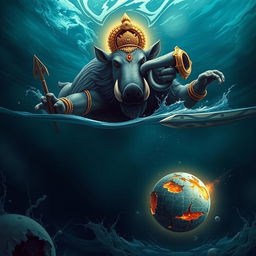 Waraha, the massive and powerful divine boar incarnation of Vishnu, diving with unwavering resolve into the dark cosmic ocean