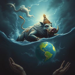 Waraha, the massive and powerful divine boar incarnation of Vishnu, diving with unwavering resolve into the dark cosmic ocean