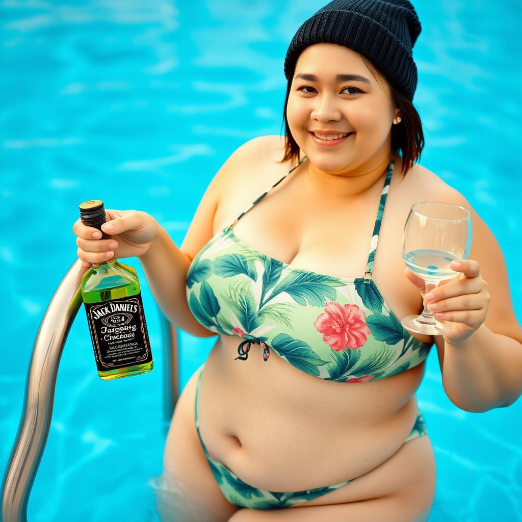 A confident plus-sized Korean woman stands at the pool ladder in a floral tropical-patterned bikini, complemented by a beanie