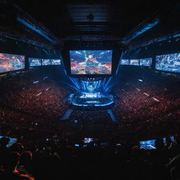 An action-packed esports scene, featuring a grand stadium filled with passionate fans, intense light effects focusing on players in a high-tech gaming pod, and a massive LED screen showcasing a competitive game in progress.