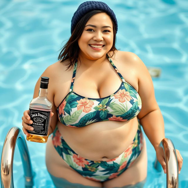 A confident plus-sized Korean woman stands at the pool ladder in a floral tropical-patterned bikini, complemented by a beanie