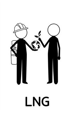 Two stick figure dolls representing LNG (Liquefied Natural Gas) in black and white, highlighting the themes of ecology and safety