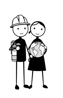 Two stick figure dolls representing LNG (Liquefied Natural Gas) in black and white, highlighting the themes of ecology and safety