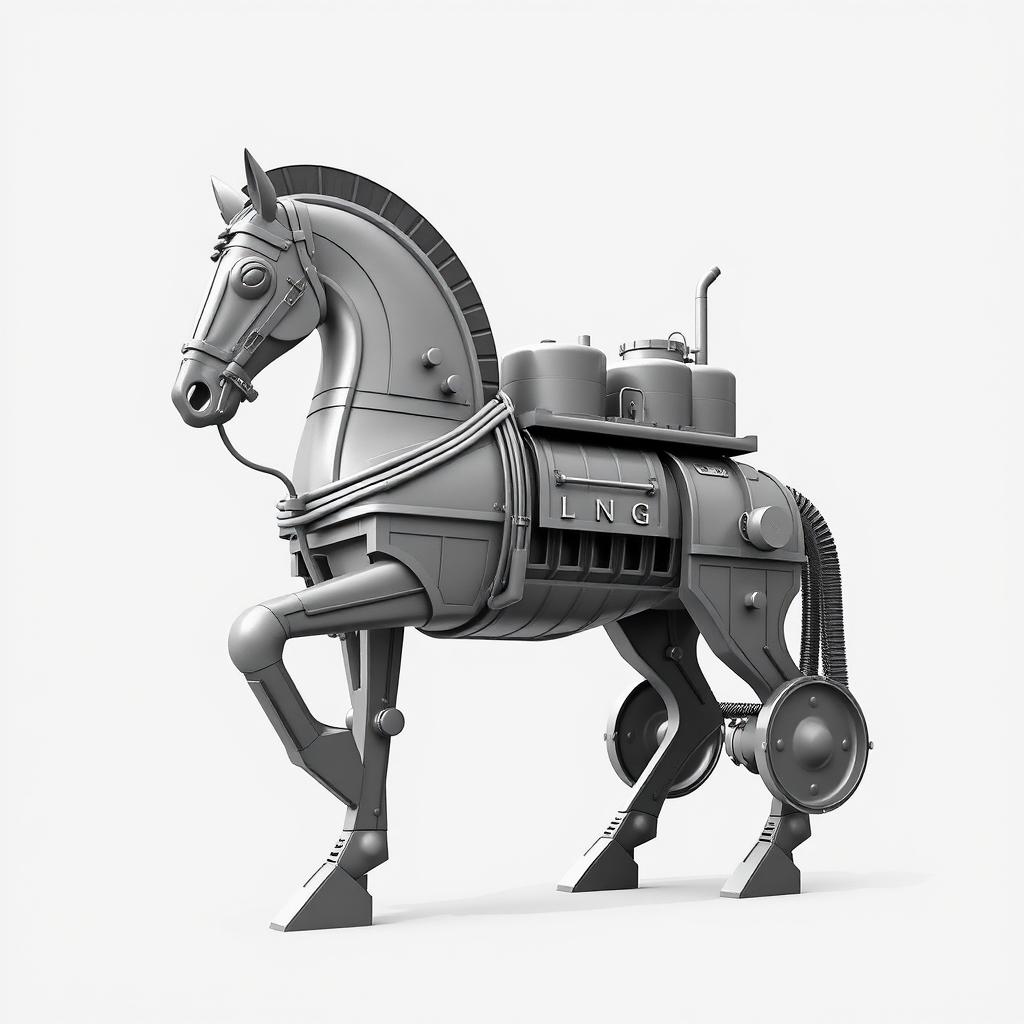 A black and white image of a Trojan Horse symbolizing LNG (Liquefied Natural Gas)