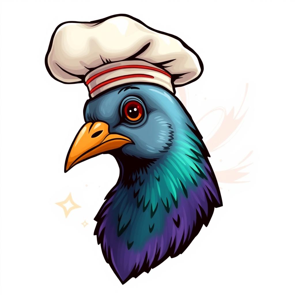 A stylized illustration of a chef pigeon head, drawn in a semi-profile view