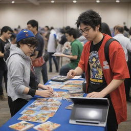 Animation, Comics, and Games (ACG) community scene bustling with activity. Standout elements are diverse cosplayers, artists showcasing their work, gamers at play stations, indie game booths, a merchandise area, and a vibrant manga library.