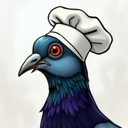 A stylized illustration of a chef pigeon head, drawn in a semi-profile view