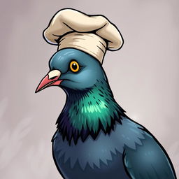 A stylized illustration of a chef pigeon head, drawn in a semi-profile view