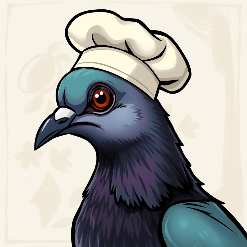 A stylized illustration of a chef pigeon head, drawn in a semi-profile view