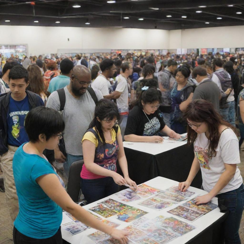 Animation, Comics, and Games (ACG) community scene bustling with activity. Standout elements are diverse cosplayers, artists showcasing their work, gamers at play stations, indie game booths, a merchandise area, and a vibrant manga library.