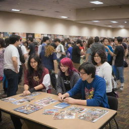 Animation, Comics, and Games (ACG) community scene bustling with activity. Standout elements are diverse cosplayers, artists showcasing their work, gamers at play stations, indie game booths, a merchandise area, and a vibrant manga library.