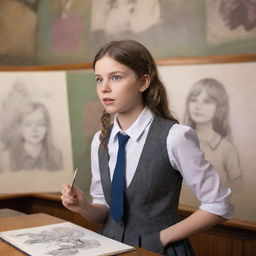 Transform a sketch of a school girl into a realistic photograph, where she is engaged in a passionate debate, set against a whimsical fantasy backdrop. Ensure high-definition and high-resolution quality.