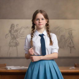 Transform a sketch of a school girl into a realistic photograph, where she is engaged in a passionate debate, set against a whimsical fantasy backdrop. Ensure high-definition and high-resolution quality.