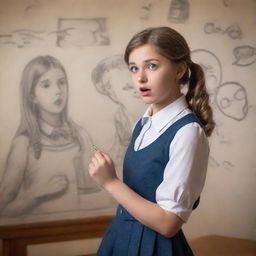 Transform a sketch of a school girl into a realistic photograph, where she is engaged in a passionate debate, set against a whimsical fantasy backdrop. Ensure high-definition and high-resolution quality.