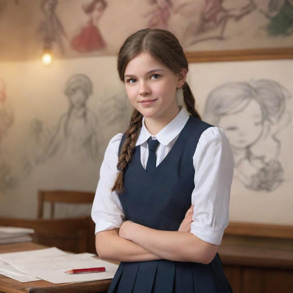 Transform a sketch of a school girl into a realistic photograph, where she is engaged in a passionate debate, set against a whimsical fantasy backdrop. Ensure high-definition and high-resolution quality.