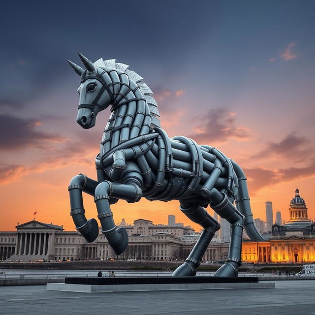 A massive black and white trojan horse designed in a modern, futuristic style, representing a new era of innovation against the horizon