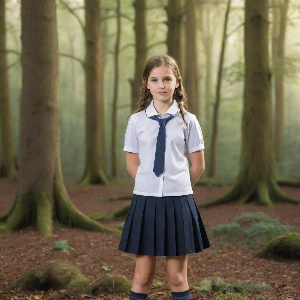 Generate an HD, high resolution image of a school girl in a debating competition, with the background exhibiting a fantasy woodland.