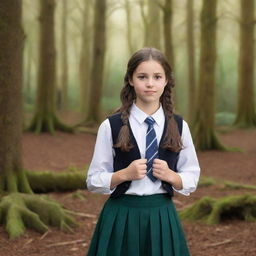 Generate an HD, high resolution image of a school girl in a debating competition, with the background exhibiting a fantasy woodland.