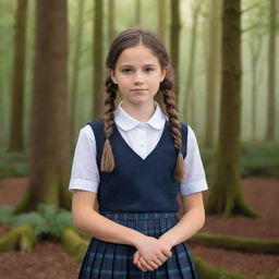 Generate an HD, high resolution image of a school girl in a debating competition, with the background exhibiting a fantasy woodland.