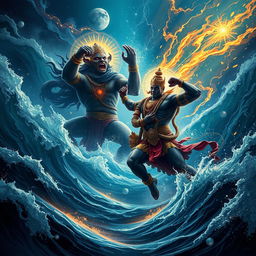 In the depths of the cosmic ocean, Waraha, the divine boar incarnation of Vishnu, confronts the evil giant Hiranyaksha