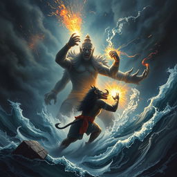 In the depths of the cosmic ocean, Waraha, the divine boar incarnation of Vishnu, confronts the evil giant Hiranyaksha