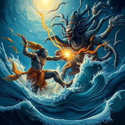 In the depths of the cosmic ocean, Waraha, the divine boar incarnation of Vishnu, confronts the evil giant Hiranyaksha