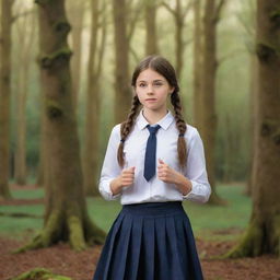 Generate an HD, high resolution image of a school girl in a debating competition, with the background exhibiting a fantasy woodland.