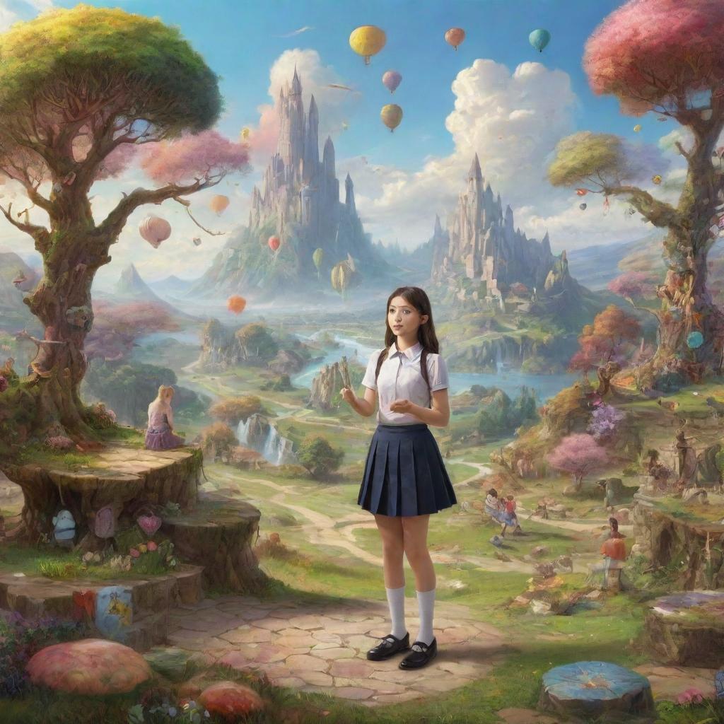 A school girl engaged in a lively debate about art, surrounded by a whimsical fantasy landscape. Aim for high resolution and HD visuals to ensure sharpness and detail.