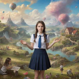 A school girl engaged in a lively debate about art, surrounded by a whimsical fantasy landscape. Aim for high resolution and HD visuals to ensure sharpness and detail.