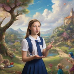 A school girl engaged in a lively debate about art, surrounded by a whimsical fantasy landscape. Aim for high resolution and HD visuals to ensure sharpness and detail.