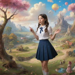 A school girl engaged in a lively debate about art, surrounded by a whimsical fantasy landscape. Aim for high resolution and HD visuals to ensure sharpness and detail.