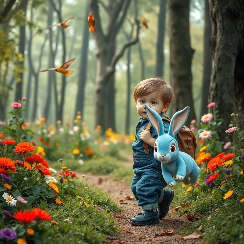 A cute 10-month-old baby boy with thick hair, wearing a denim jumper and black shoes, carrying a small leather backpack, stepping into an enchanting forest filled with towering trees and vibrant, colorful flowers