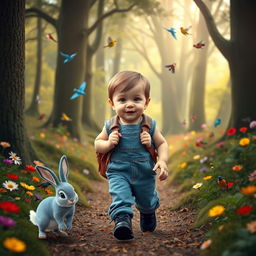 A cute 10-month-old baby boy with thick hair, wearing a denim jumper and black shoes, carrying a small leather backpack, stepping into an enchanting forest filled with towering trees and vibrant, colorful flowers