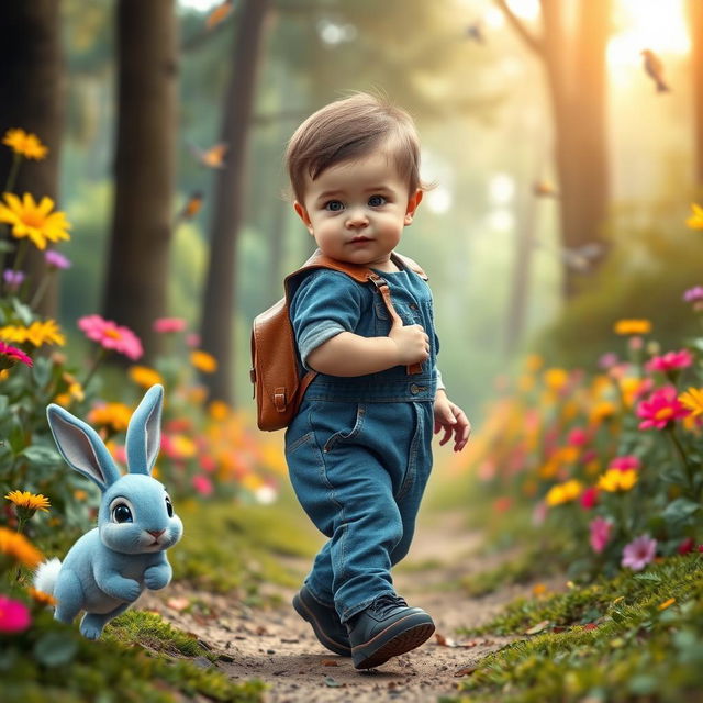 A cute 10-month-old baby boy with thick hair, wearing a denim jumper and black shoes, carrying a small leather backpack, stepping into an enchanting forest filled with towering trees and vibrant, colorful flowers