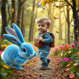 A cute 10-month-old baby boy with thick hair, wearing a denim jumper and black shoes, carrying a small leather backpack, stepping into an enchanting forest filled with towering trees and vibrant, colorful flowers