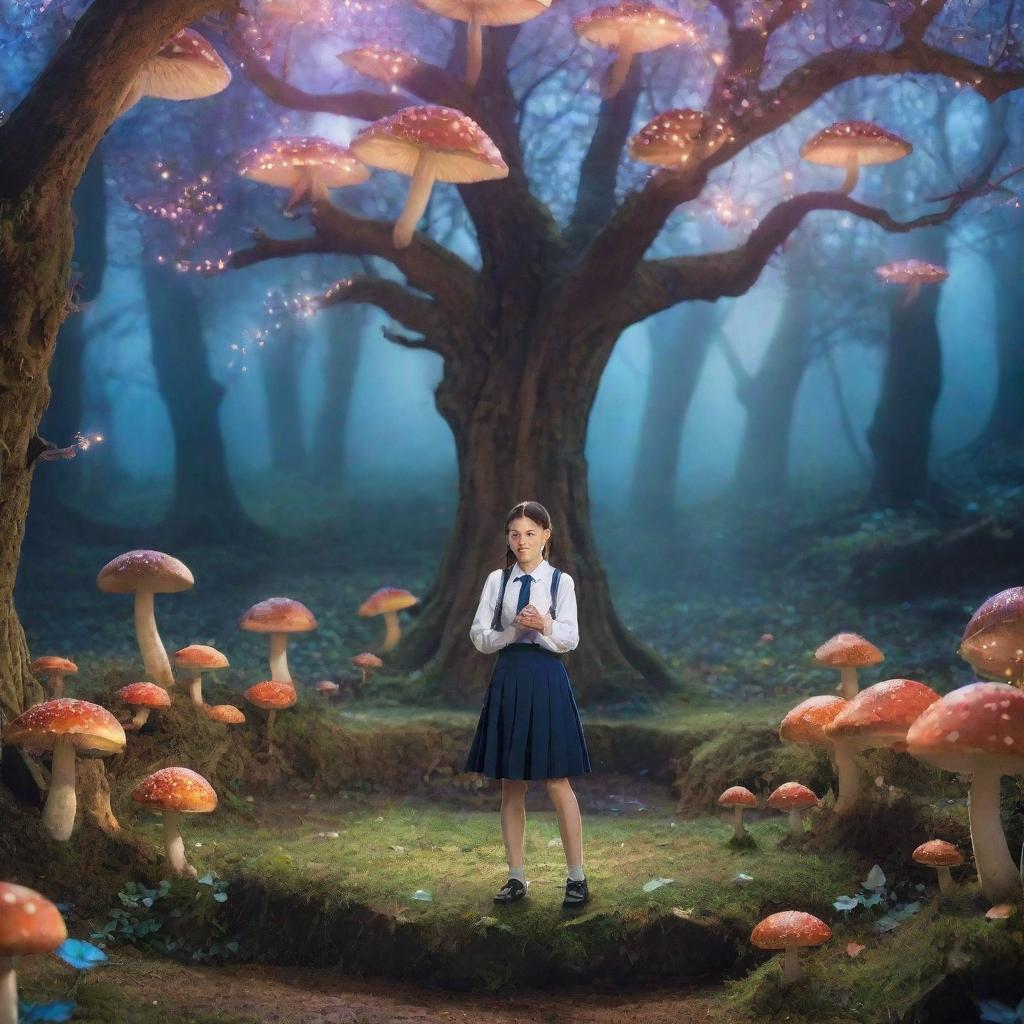 A school girl engaged in a debating competition in a magical landscape. The backdrop is a whimsical wonderland with fairy-tale elements like glowing mushrooms, sparkling streams, and enchanted trees.