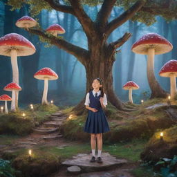 A school girl engaged in a debating competition in a magical landscape. The backdrop is a whimsical wonderland with fairy-tale elements like glowing mushrooms, sparkling streams, and enchanted trees.