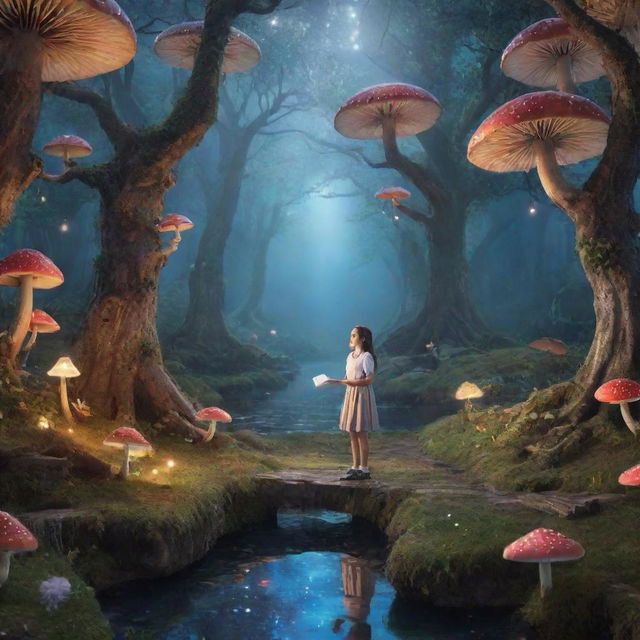 A school girl engaged in a debating competition in a magical landscape. The backdrop is a whimsical wonderland with fairy-tale elements like glowing mushrooms, sparkling streams, and enchanted trees.