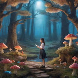 A school girl engaged in a debating competition in a magical landscape. The backdrop is a whimsical wonderland with fairy-tale elements like glowing mushrooms, sparkling streams, and enchanted trees.