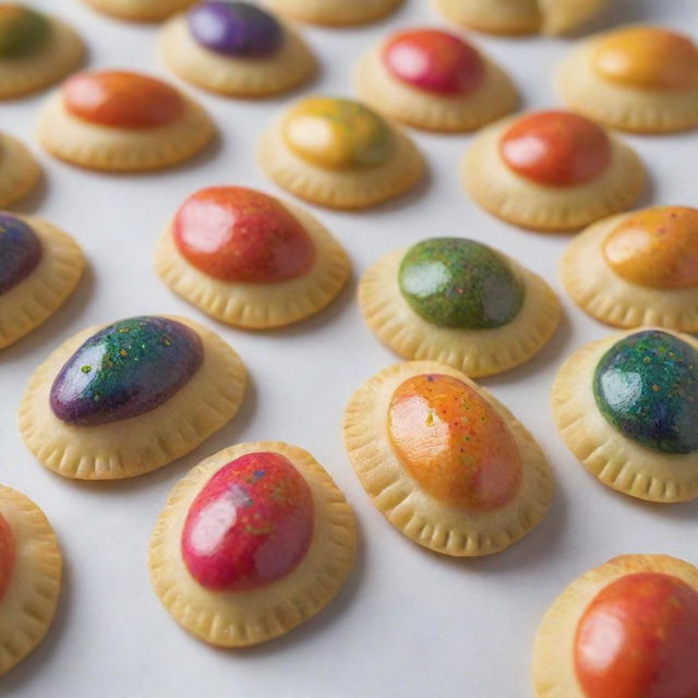 Traditional Polish pierogi decorated with a colorful rainbow pattern so vivid it seems to be tactile.