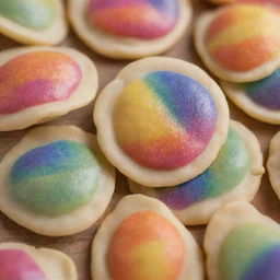 Traditional Polish pierogi decorated with a colorful rainbow pattern so vivid it seems to be tactile.