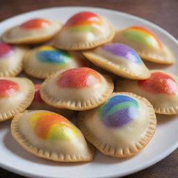 Traditional Polish pierogi decorated with a colorful rainbow pattern so vivid it seems to be tactile.