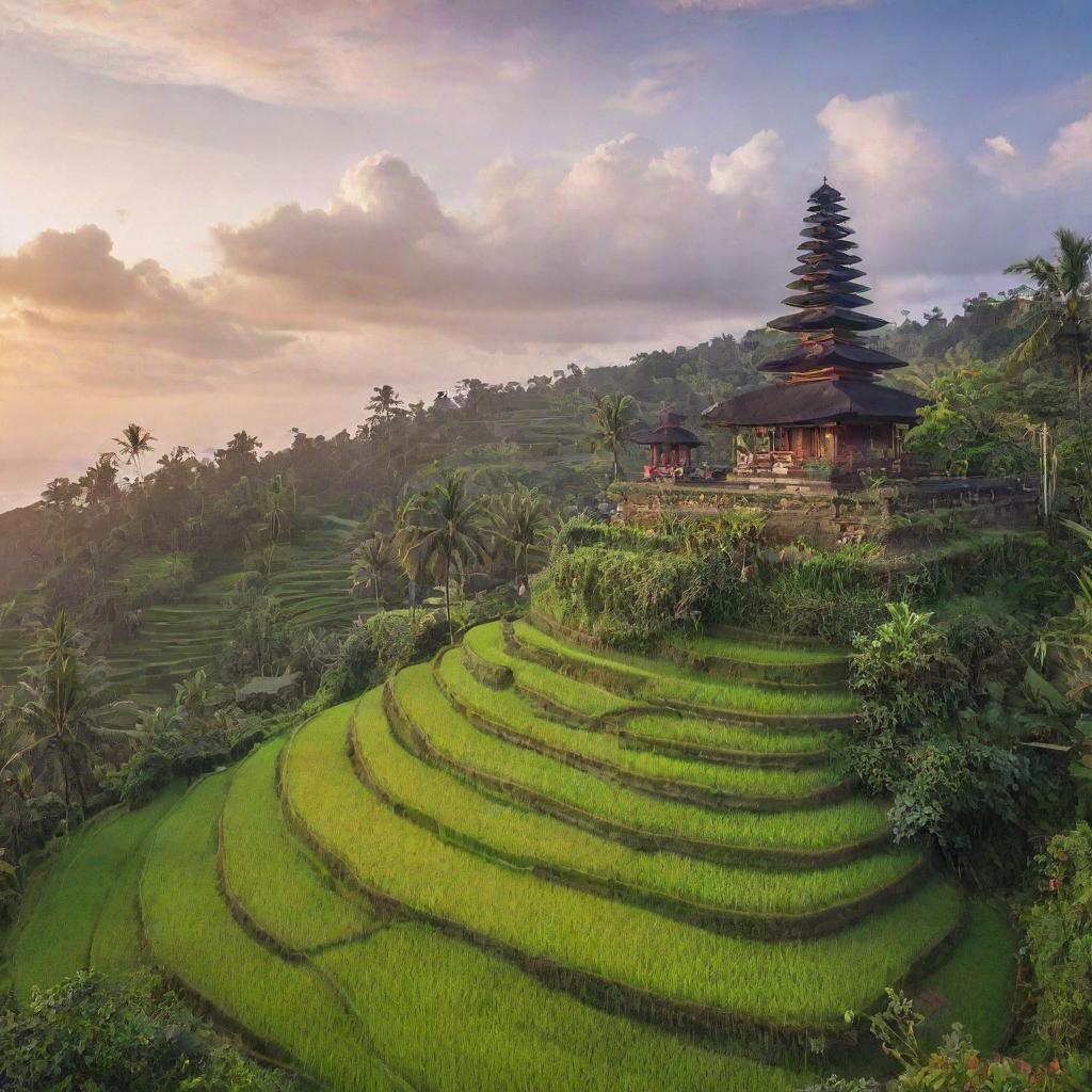 A picturesque scene of Bali, with the iconic rice terraces in the foreground, a traditional Balinese temple amidst lush tropical foliage, and a stunning sunset over the Indian Ocean in the background