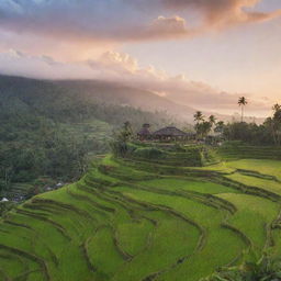 A picturesque scene of Bali, with the iconic rice terraces in the foreground, a traditional Balinese temple amidst lush tropical foliage, and a stunning sunset over the Indian Ocean in the background