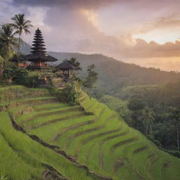 A picturesque scene of Bali, with the iconic rice terraces in the foreground, a traditional Balinese temple amidst lush tropical foliage, and a stunning sunset over the Indian Ocean in the background