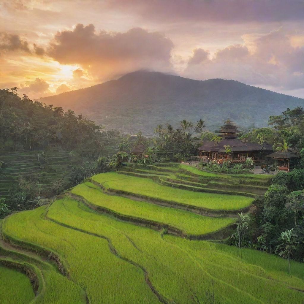 A picturesque scene of Bali, with the iconic rice terraces in the foreground, a traditional Balinese temple amidst lush tropical foliage, and a stunning sunset over the Indian Ocean in the background