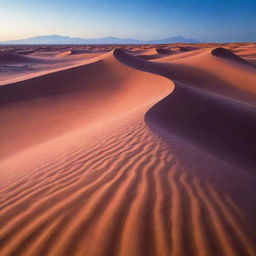 A mesmerizing oasis with glowing purple sand dunes beneath a deep blue sky.