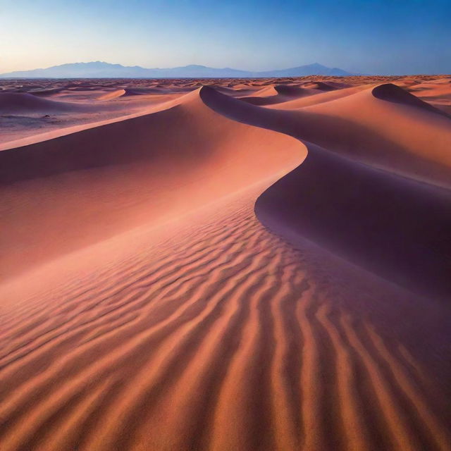 A mesmerizing oasis with glowing purple sand dunes beneath a deep blue sky.