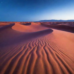 A mesmerizing oasis with glowing purple sand dunes beneath a deep blue sky.